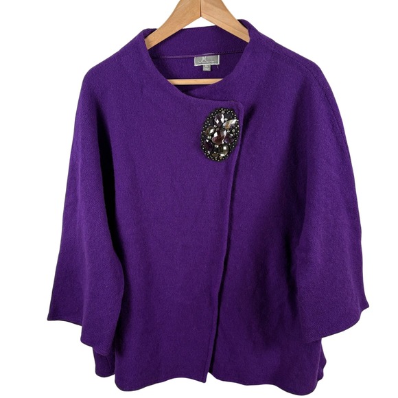 JM Collection Sweaters - JM Collection Purple Wool Relaxed Wrap Cardigan Sweater Brooch Embellished Sz XL